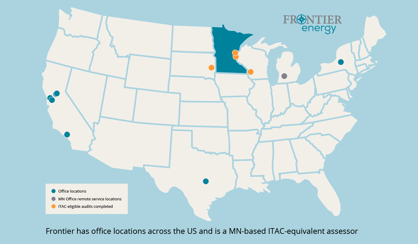 Frontier Energy Service Area Map with Minnesota and ITAC-eligible audits completed